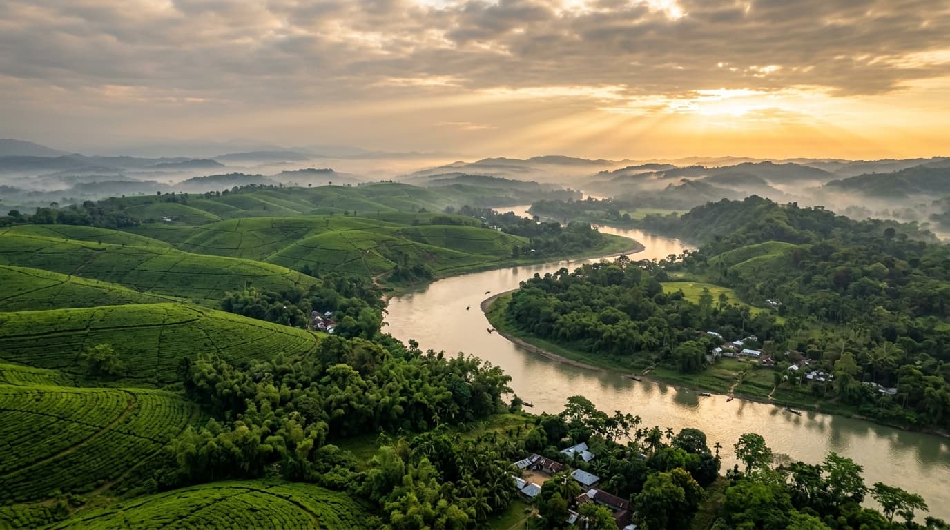Lush green tea gardens and river landscape of Assam, Dibrugarh